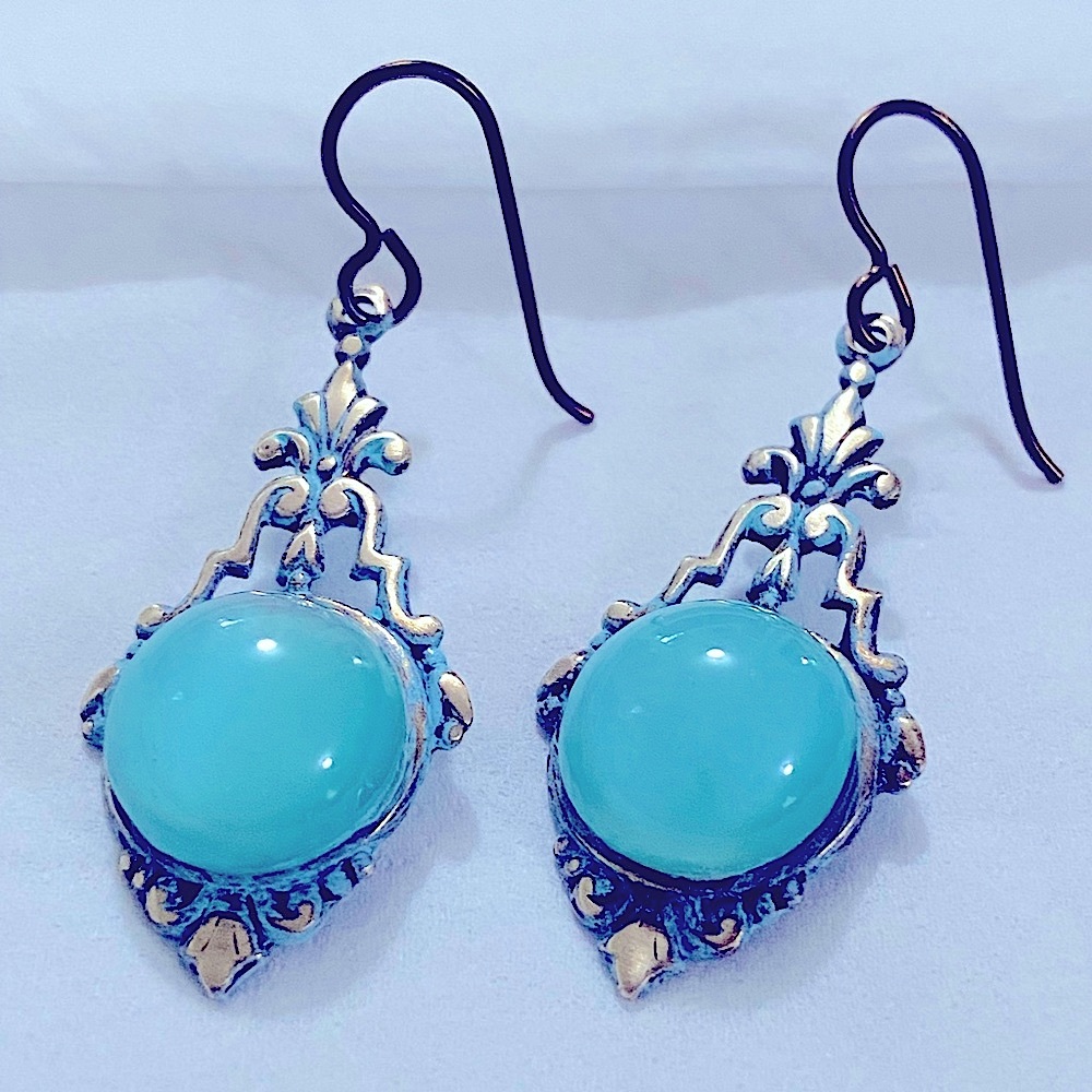 Blue Moonstone Earrings Niobium Ear Wires Vintaj Bridgerton Inspired Jewelry - Picture 1 of 6